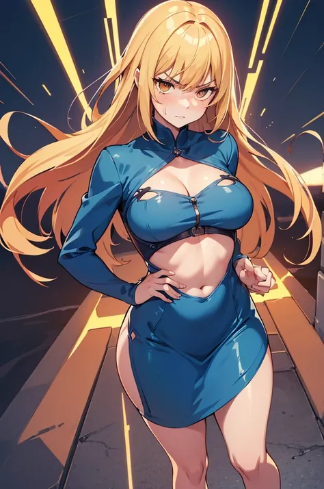 NSFW, 1Woman, ((best quality)), ((masterpiece)), (detailed), beautiful face, (((angry expression))), (defiance512:1.2), (((short-length hairstyle))), (((blue dress outfit))), (((plain sky background))), big green eyes, ((blush cheeks)), evil grin dominant ...