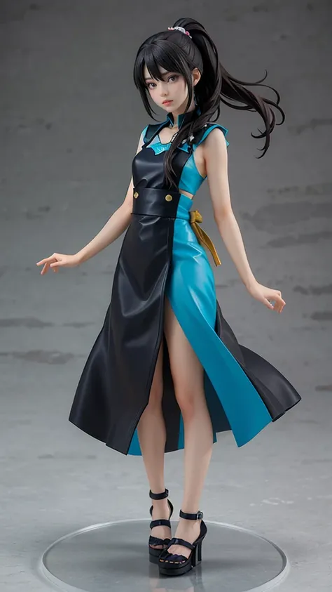 A realistic, high-detailed, full-body render of an anime-style girl ,She has long black hair tied in a high ponytail, expressive blue eyes,The background is a neutral, slightly textured grey,High 