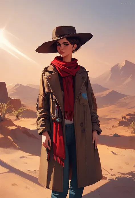 score_9, score_8_up, score_7_up,  1girl, cowboy girl wearing long brown torn coat, red scarf, hat, bandolier, desert, sunlight