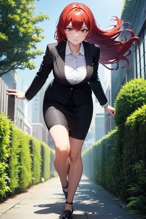 best quality, 1girl, business woman running through a garden, black business suit, black midi pencil skirt, black blazer, looking at viewer, full body, long red hair