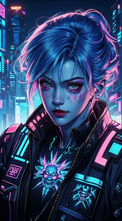 there is a woman with blue hair and a jacket, hyper-realistic cyberpunk style, realistic art style, Retrato ciberpunk, 🤤 portrait of , cyberpunk artstyle, cyberpunk anime digital art, Retrato de RossDraws, garota cyberpunk sonhadora, the cyberpunk portrait...