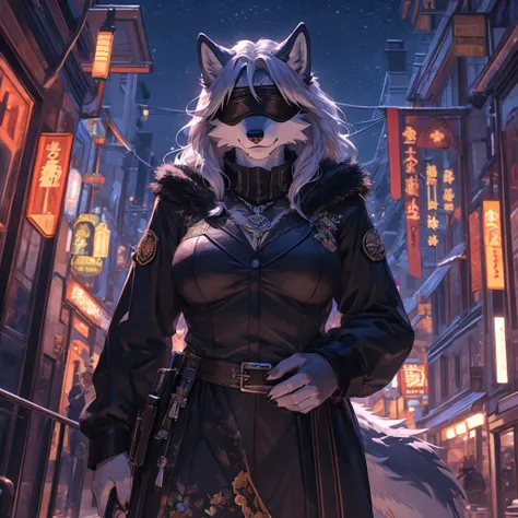 a single wolf girl with a black suit standing in middle of the night with a gun, 1girl, humanoid, anthro girl, furry girl, wolf ears, white hair, black blindfold, night in the city, poker face, no eyes, black suit, voluptuous, beautiful background, 4k, ins...