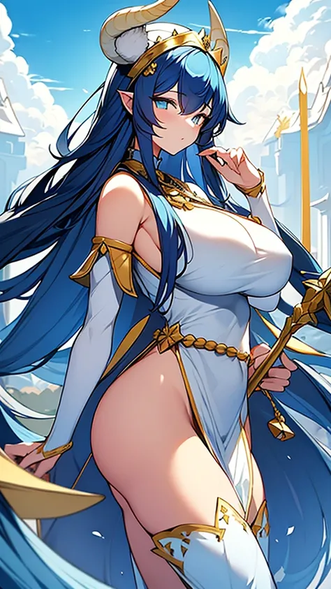 1goat woman, tall body, goat ears, golden horns, goat tail, very long blue hair, white flowers crown, perfect eyes, dark blue eyes, yellow necklace, white tunic with blue details, flower-shaped scepter in hand, big breasts, big ass, temple on the mountain ...