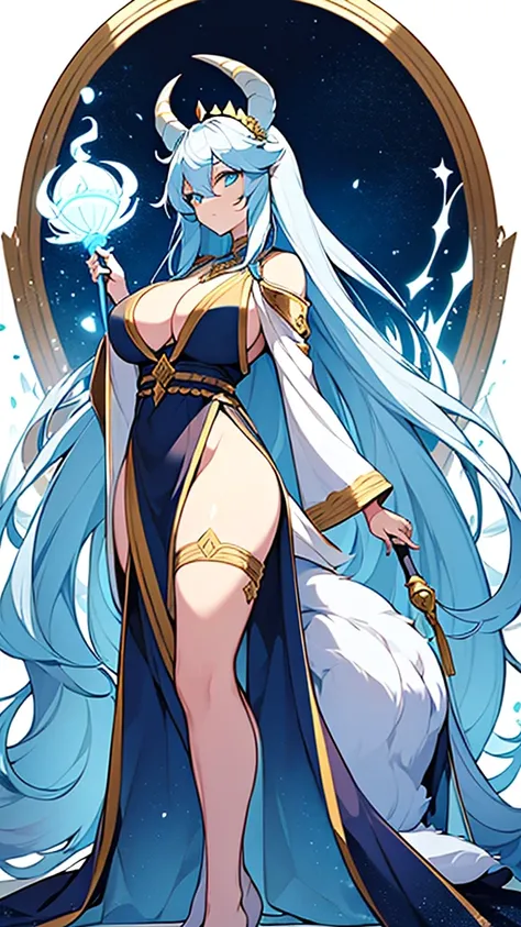 1goat woman, tall body, goat ears, golden horns, goat tail, very long blue hair, white flowers crown, perfect eyes, dark blue eyes, yellow necklace, white tunic with blue details, flower-shaped scepter in hand, big breasts, big ass, temple on the mountain ...