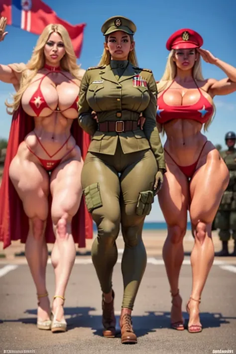 Best Quality, Masterpiece, super high resolution, bimbo, huge breasts, very thick legs , thread thong, three beautiful blonde soldiers standing in a row at attention doing a military salute to the flag of Peru in the middle of a bombing, Military salute at...