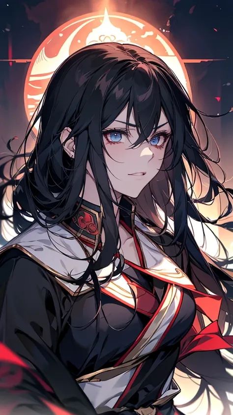 Anime character with black hair and blue eyes dressed in black, inspired by Okumura Masanobu, ryuko matoi, [[[[smile wickedly]]]], shikishi, The charming Ryuko Matoi, Gap Moe Yandere Grimdark, yuyushiki, portrait Gap Moe Yandere Grimdark, By Ren