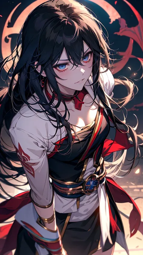 Anime character with black hair and blue eyes dressed in black, inspired by Okumura Masanobu, ryuko matoi, [[[[smile wickedly]]]], shikishi, The charming Ryuko Matoi, Gap Moe Yandere Grimdark, yuyushiki, portrait Gap Moe Yandere Grimdark, By Ren