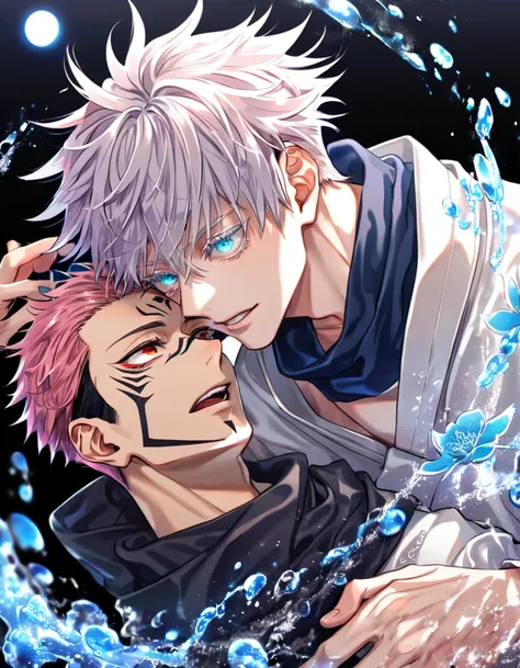 absurdres, highres, ultra detailed, HDR, master piece, best quality, extremely detailed, Ryoumen Sukuna, pink hair, expressive red eyes, Jujutsu Kaisen, Gojou Satoru, white hair, expressive blue eyes, two sexy men together, yaoi, gay couple, handsome, whit...