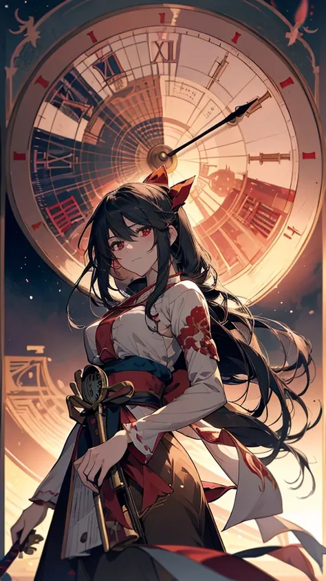 Anime girl with sword and red dress standing in front of clock tower, Touhou Project official artwork, Artistic rendering of Reimu Hakurei, detailed key Anime Art, From desire, high definition Anime Art, Anime Artwork, The Detailed Art of the Onmyoji, Anim...