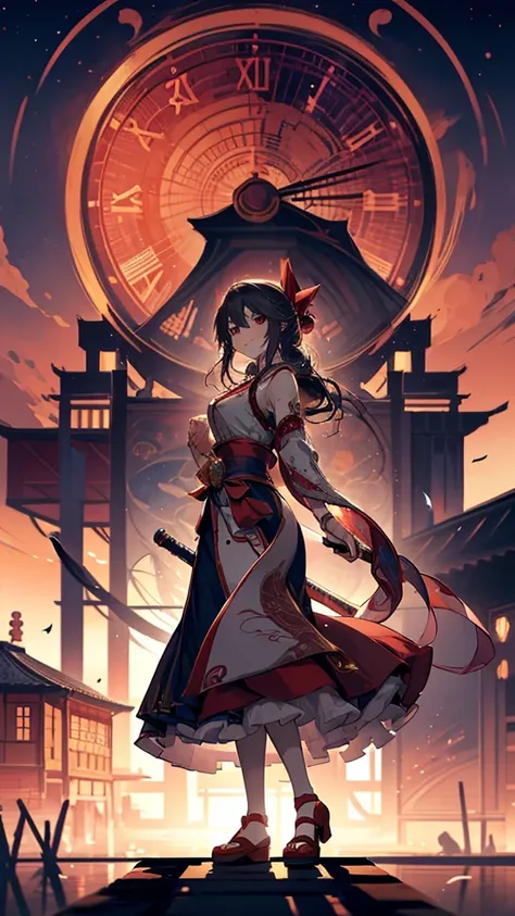 Anime girl with sword and red dress standing in front of clock tower, Touhou Project official artwork, Artistic rendering of Reimu Hakurei, detailed key Anime Art, From desire, high definition Anime Art, Anime Artwork, The Detailed Art of the Onmyoji, Anim...