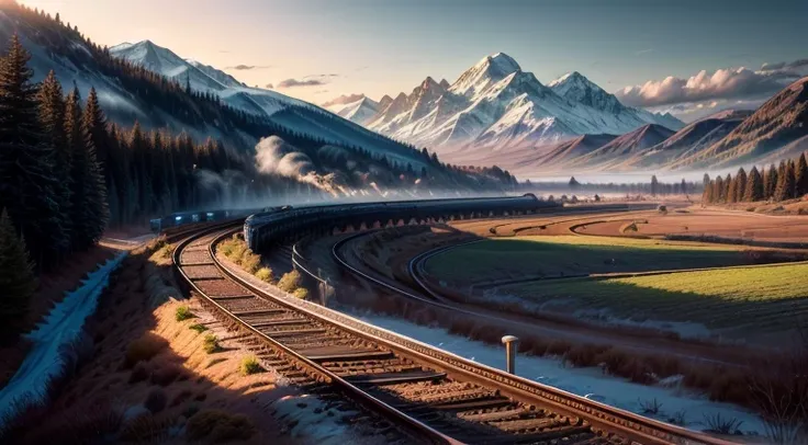 (best quality,4k,8k,high res, masterpiece:1.2),ultra-detailed,(realistic, photorealistic,photo-realistic:1.37), one train, sunny landscape background, trees and mountains, steam rising from the train, majestic scenery, faraway mountains, reflective lake, c...