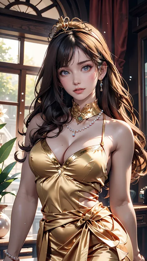 There is a woman wearing a Chinese dress, 27 years old, 28 years old, 29-year-old, 32 years old, Delicate makeup, Ye Wen, 23 years old, Round face, Cute Liane, Gold Tiara, Pearl Necklace, Jade hairpin、Sexy proportions、Sexy body type、Narrow waist、Long eyela...