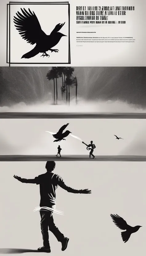 Create a modern, minimalistic logo design for a brand about music and movies. The logo must be in minimalistic style and convey a sense of storytelling. The logo is the silhouette of a boy and a bird. The boy is running with open arms, holding an acoustic ...