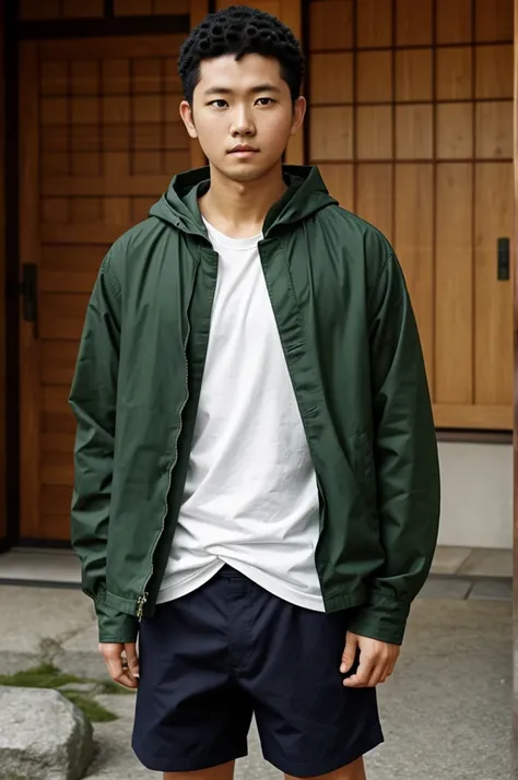 Naruto, 12 years, White shirt, navy green jacket without hood, shorts negros, standing in front holding japanese buddhist staff, niño de 12 years 