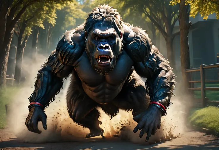 a huge muscular gorilla, a scantily clad busty teenage girl running in a park, detailed anatomy, photorealistic, ultra-detailed,...