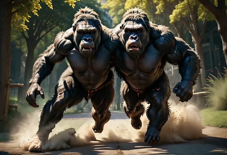 a huge muscular gorilla, a scantily clad busty teenage girl running in a park, detailed anatomy, photorealistic, ultra-detailed,...