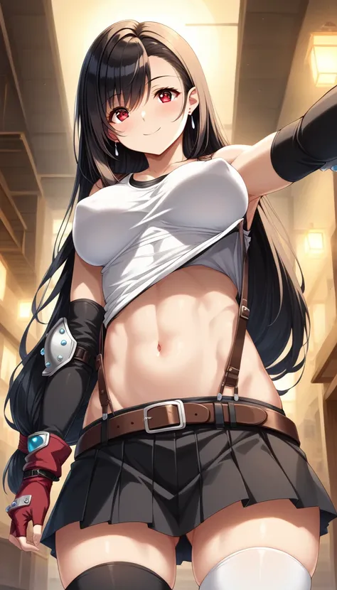 score_9, score_8_up, score_7_up, ,front_view,breast below view,,(soro focus),standing,straight-on,,(tank toplift;1,3),(),puffy nipple,selfie,(mediumshot:1),looking_at_viewer ,1girl, tifa lockhart, final fantasy,(beautiful woman). tareme,black hair, low-tie...