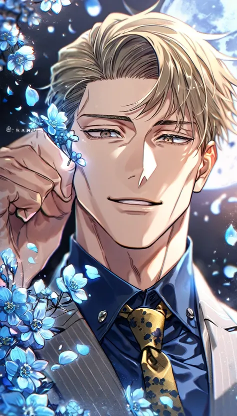 absurdres, highres, ultra detailed, HDR, master piece, Nanami Kento, blond hair, expressive brown eyes, Jujutsu Kaisen, sexy man, handsome, best quality, blue moon, forget-me-not flowers, fantasy, magical, solo, blue water, blue shining fireflies, blue pet...