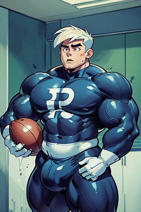 Danny Phantom and Dash Baxter, football stadium background, ghost, hypnosis, jock, conversion, locker room hallway, hyper muscles, jockstrap, bro, meathead, hypnotized, brainwashed, brainwashing, big dumb jock, football. Glowing blue eyes. Hyper crotch bul...