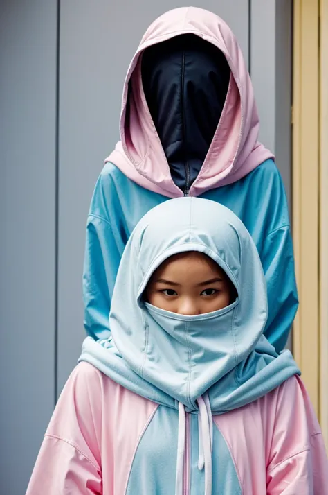 a hooded woman spiderperson with pastel pink pastel yellow and pastel light blue color palette