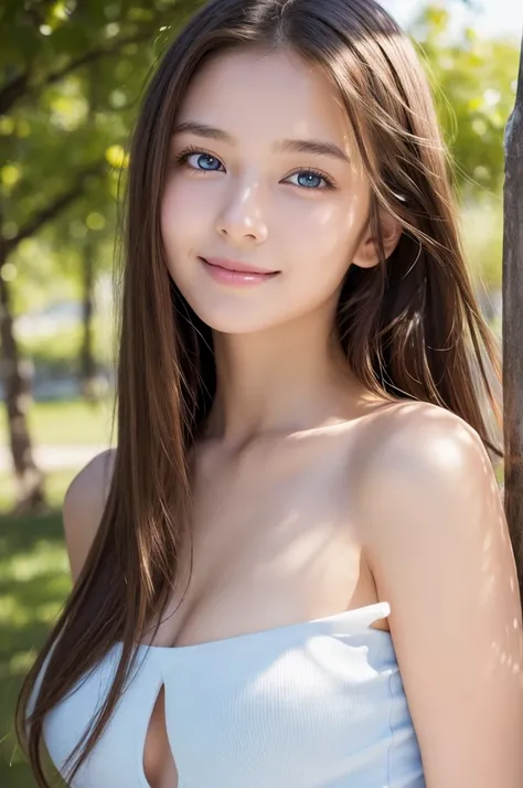 bright look、photorealism、teen, posing topless, highest quality、Super high resolution、The most beautiful Nordic girls photos、cute and beautiful face details、small face、、big breasts、Slender、15 years old, Crystal clear white skin、big light blue eyes、long stra...