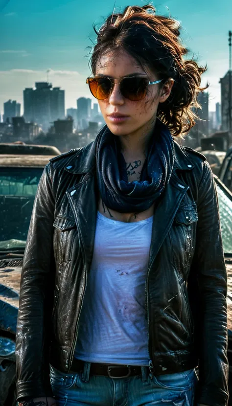 A photorealistic picture, best quality, realistic, full body portrait, real picture, enhanced details, depth of field, post-apocalyptic wasteland, destroyed city, ruins, trash, wrecked cars, graffiti, woman, dressed in old worn clothes, scarf on her head a...