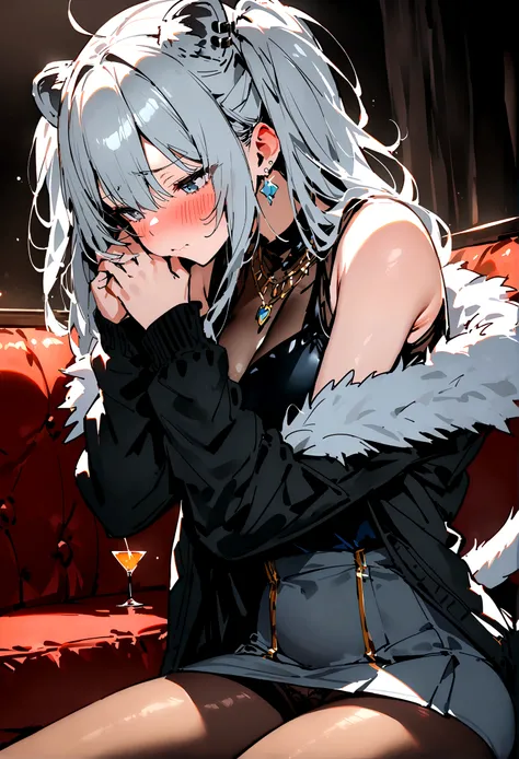 NSFW,masterpiece,Highest quality,High resolution,Super detailed,Shishirabotan(Hololive),Long Hair、Two Side Up、Earrings、Lion&#39;s Tail,necklace、Black Shirt、Sleeveless shirt、abdomen、See-through、Grey Skirt、片足pantyhose、pantyhose、fur-trimmed jacket、Black jacke...