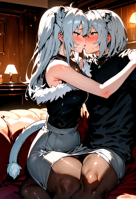 NSFW,masterpiece,Highest quality,High resolution,Super detailed,Shishirabotan(Hololive),Long Hair、Two Side Up、Earrings、Lion&#39;s Tail,necklace、Black Shirt、Sleeveless shirt、abdomen、See-through、Grey Skirt、片足pantyhose、pantyhose、fur-trimmed jacket、Black jacke...