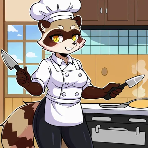 Masterpiece, fursona, raccoon, anthropomorphic, yellow eyes, dressed as a chef, knife, in a white kitchen, without a hat