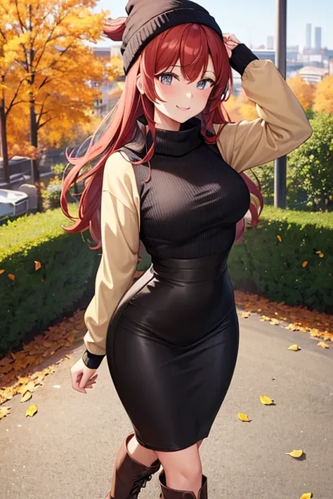 1girl, woman wearing brown long sleeved sweater shirt, crop top, tight midi pencil skirt black, long length pencil skirt, long red hair, looking at viewer, full body, walking, smile, blush, leather boots, garden, fall, leaves, beanie, scarf, large bust