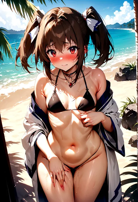 NSFW,masterpiece,Highest quality,High resolution,Super detailed,Nekone (Utawarerumono),Brown Hair、（Red Eye：1.3）、ribbon,Twin tails、ヘアribbon、Mole、目の下のMole,Small breasts,High quality sexy bikini,kimono,beach,Palm tree,Rock Shade,Embarrassed,blush,(Seduce),(St...