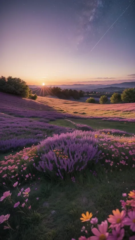 "Create an image of a serene twilight with soft purple and orange tones, showing a peaceful landscape, like a field or hill. Add elements that symbolize hope and renewal, like flowers blooming or a bright star in the sky. The image should convey the promis...