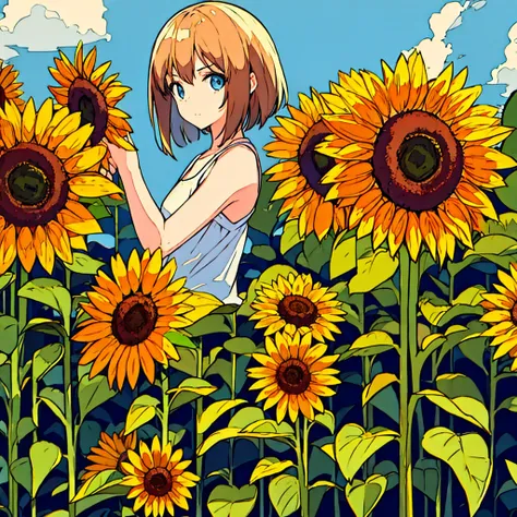 Plain background, girl in , simple, summer, nostalgic, sunflower