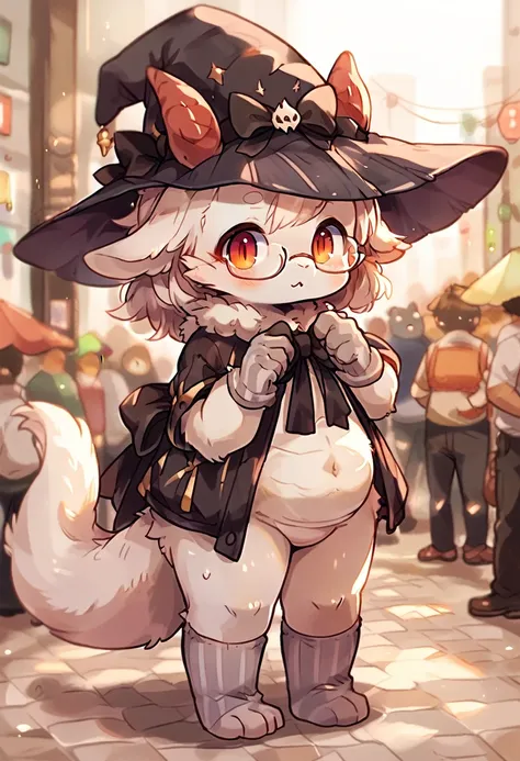 Furry, Furry dragon (anthro), cute fur, eyes black, god of eyes, gray witch hat with black bow, fur all over belly and thigh, artwork, detailded, Perfect artwork, (VOLUMOUS WHITE fur ON THE NECK), White dragons tail, Kemono, wearing glasses without rounded...