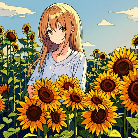 Plain background, girl in , simple, summer, nostalgic, sunflower