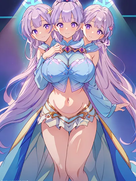 (masterpiece, best quality), best resolution, (3heads:1.5), 1girl, FESophia, light purple hair, flowing hair, smiling, soft smile, open belly, light blue crop top, light blue miniskirt, open breasts, huge tits, sexy pose, beautiful eyes, headband, blue eye...