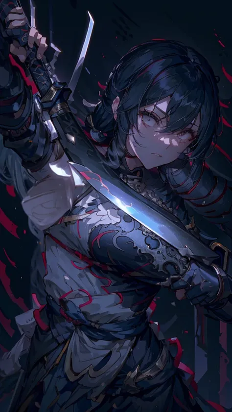 Close-up of a person holding a sword in a dark room, she is holding a knife sword, knife, unsheathing her knife, Works inspired by Kano Hogai, Maid, dramatic wielding knife pose, knife zero, Very beautiful cyberpunk samurai, 薙knifeを持ったキツネの野武士, With a big s...