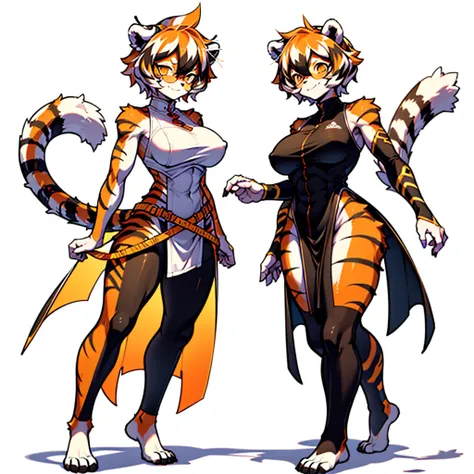 white background, full body, ((2girls,furry)), Standing ，animal ears, arknights, white hair, black hair, round eyewear, glasses, OPPEIN, short hair, large breasts, muscle, tail, orange eyes, orange hair, multicolored hair, tiger girl, furry female, hair be...