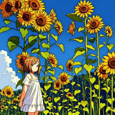 Plain background, girl in , simple, summer, nostalgic, sunflower