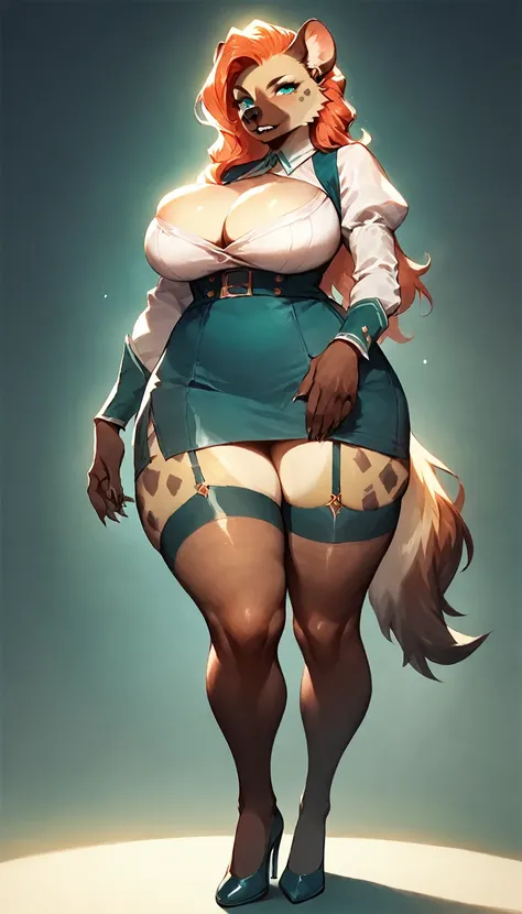 score_9, score_8_up, score_7_up, score_6_up, score_5_up, score_4_up, (solo), female anthro hyena, , skirt, high heels, lusty, fluffy body, long blond hair, turquoise eyes, (thick thighs:1.5)((( offering the breasts))) sex partial clothes, (((cleavage))) se...