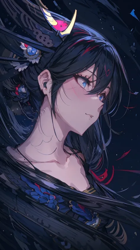 Anime character with black hair and blue eyes dressed in black, inspired by Okumura Masanobu, ryuko matoi, [[[[smile wickedly]]]], shikishi, The charming Ryuko Matoi, Gap Moe Yandere Grimdark, yuyushiki, portrait Gap Moe Yandere Grimdark, By Ren

