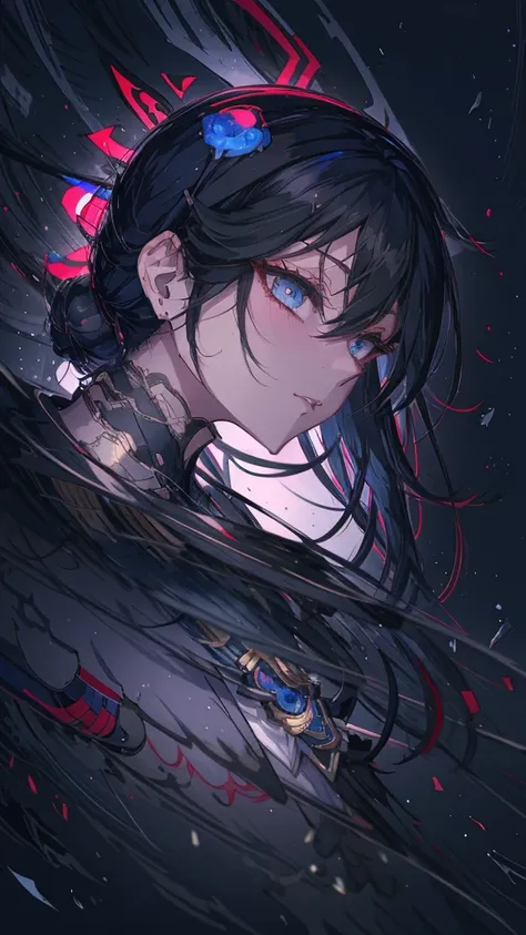 Anime character with black hair and blue eyes dressed in black, inspired by Okumura Masanobu, ryuko matoi, [[[[smile wickedly]]]], shikishi, The charming Ryuko Matoi, Gap Moe Yandere Grimdark, yuyushiki, portrait Gap Moe Yandere Grimdark, By Ren

