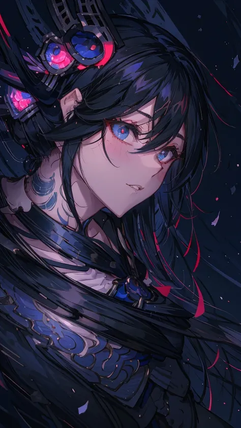 Anime character with black hair and blue eyes dressed in black, inspired by Okumura Masanobu, ryuko matoi, [[[[smile wickedly]]]], shikishi, The charming Ryuko Matoi, Gap Moe Yandere Grimdark, yuyushiki, portrait Gap Moe Yandere Grimdark, By Ren

