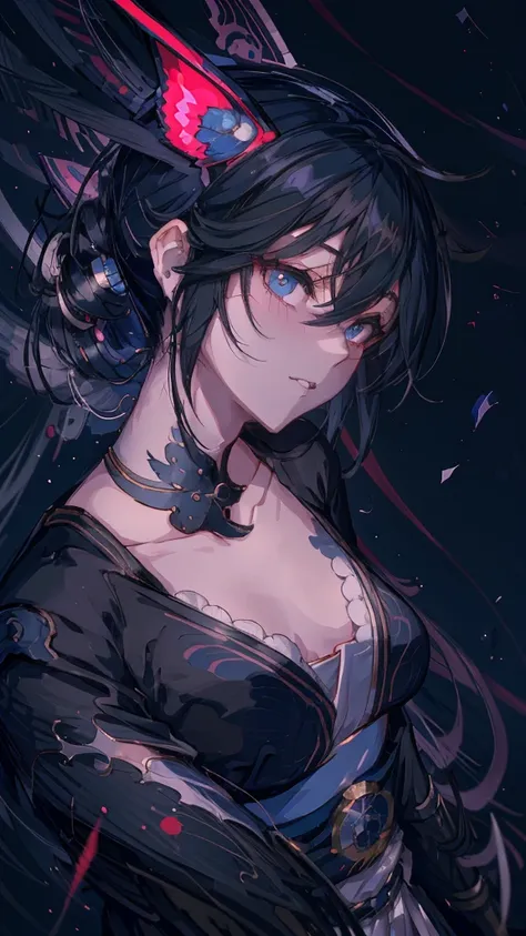 Anime character with black hair and blue eyes dressed in black, inspired by Okumura Masanobu, ryuko matoi, [[[[smile wickedly]]]], shikishi, The charming Ryuko Matoi, Gap Moe Yandere Grimdark, yuyushiki, portrait Gap Moe Yandere Grimdark, By Ren

