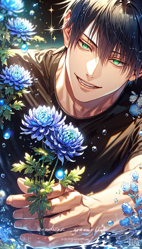 absurdres, highres, ultra detailed, HDR, master piece, best quality, extremely detailed, Fushiguro Touji, black straight hair, expressive green eyes, Jujutsu Kaisen, solo, sexy man, handsome, handsome smile, black tight T-shirt, fantasy, water, sparkling, ...