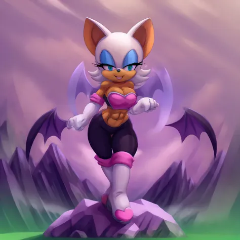 gloves, boots, rouge the bat is wearing a crop top of her default outfit with a bare midriff, a bare navel and rock hard abs, di...