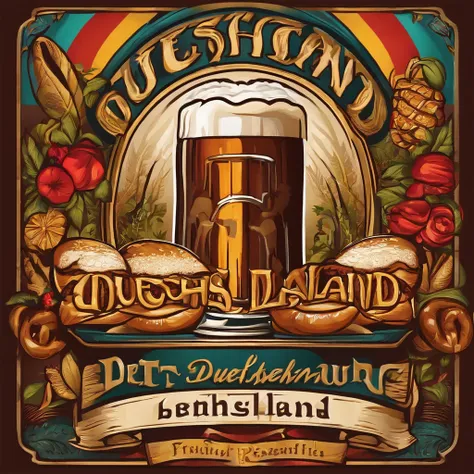 Logo, for german restaurant called duetschland, with vivid colors, pretzel, beer and food