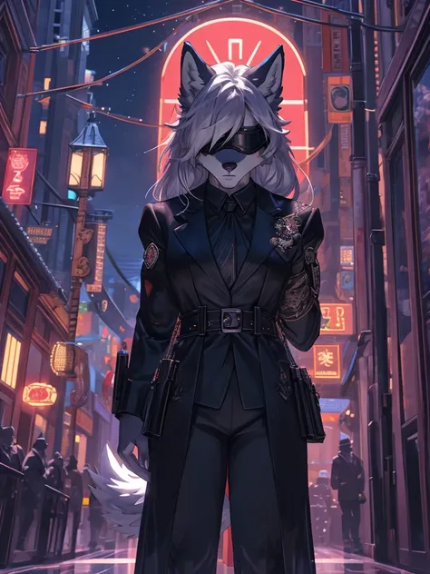 a single wolf girl with a black suit standing in middle of the night with a gun, 1girl, humanoid, anthro girl, furry girl, wolf ears, white hair, black blindfold, night in the city, poker face, eyeless, black suit, beautiful background, 4k, insanely detail...