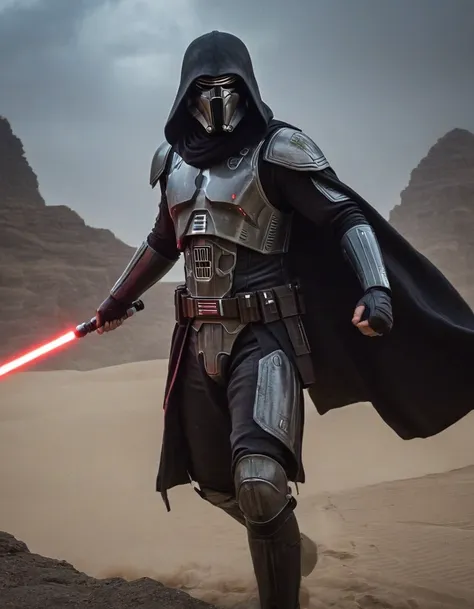 (side view1.5) of baylan skoll ((((running)))) with a red lightsaber wearing black cloak with hood, head covered with hood, (((e...