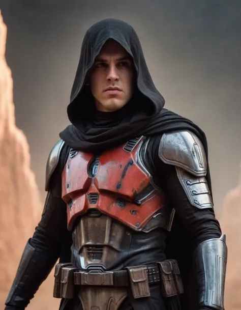 (side view1.5) of baylan skoll ((((running)))) with a red lightsaber wearing black cloak with hood, head covered with hood, (((e...